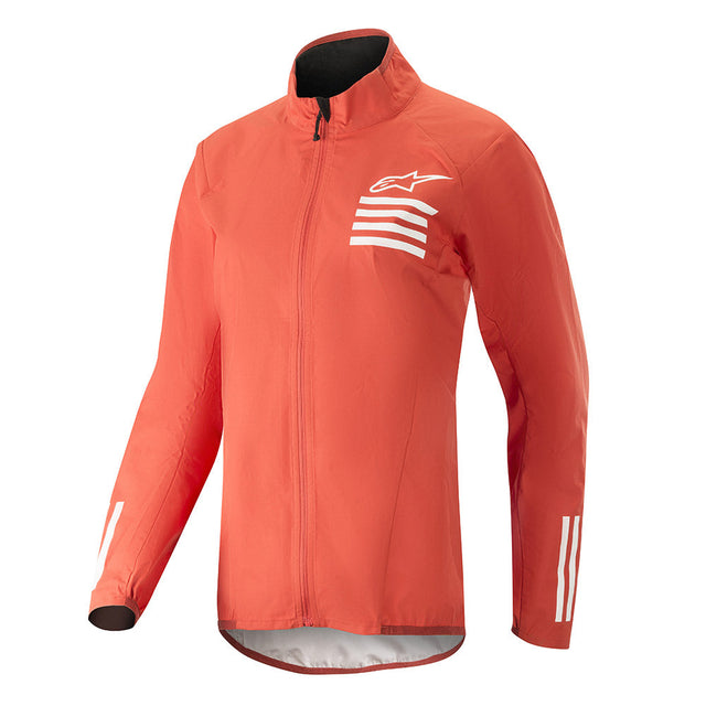 Alpinestars Stella Descender Jacket, damska czerwona kurtka rowerowa MTB, białe graficzne paski i logo Astars na piersi i rękawach, lekki 2,5-warstwowy materiał ripstop, wiatroszczelna i wodoodporna, taliowany damski krój.