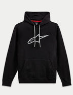 Alpinestars Ageless V3 Hoodie, bluza streetwear, czarna z dużym szarym haftowanym logo gwiazdy, kaptur z szarymi sznurkami, kieszeń typu kangurka, długie rękawy, nowoczesny design inspirowany sportami motorowymi