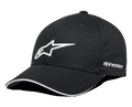 Alpinestars Rostrum Hat, czarna czapka bejsbolowa z białym haftowanym logo 3D w kształcie gwiazdy, zakrzywiony daszek z białą lamówką, boczny napis Alpinestars, lifestylowe nakrycie głowy motorsport