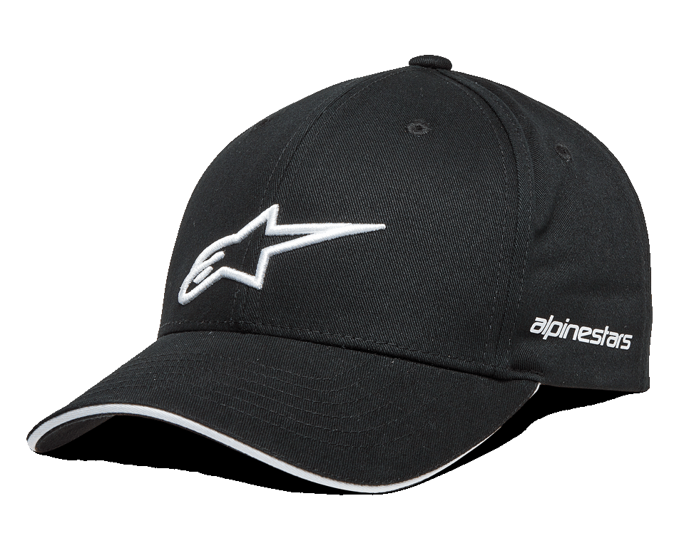 Alpinestars Rostrum Hat, czarna czapka bejsbolowa z białym haftowanym logo 3D w kształcie gwiazdy, zakrzywiony daszek z białą lamówką, boczny napis Alpinestars, lifestylowe nakrycie głowy motorsport