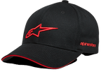 Alpinestars Rostrum Hat, czarna czapka z daszkiem z czerwonym logo gwiazdy 3D, zakrzywiony daszek z czerwonym wykończeniem typu sandwich, haftowany napis Alpinestars z boku, codzienne nakrycie głowy w stylu motorsportowym