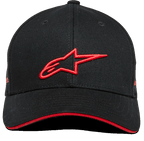 Alpinestars Rostrum Hat, czapka z wygiętym daszkiem typu snapback, czarno-czerwona, czerwone haftowane logo 3D A-star z przodu, czerwona krawędź daszka typu sandwich, usztywniona korona, tkanina twill, codzienne nakrycie głowy w stylu motorsportowym