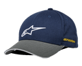 Alpinestars Rostrum Hat, czapka baseballowa, granatowa i szara, białe haftowane logo gwiazdy, żółty branding z boku, zakrzywiony daszek, codzienna odzież uliczna w stylu motorsport