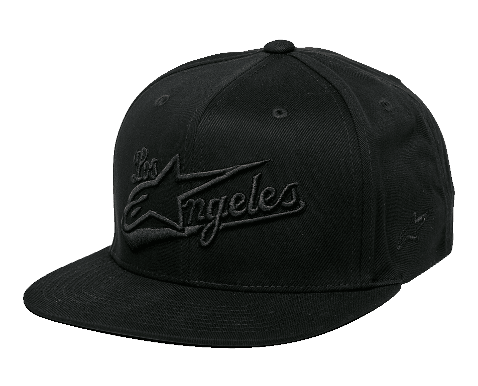 Czapka Alpinestars Los Angeles, czarna czapka z płaskim daszkiem typu snapback, haftowany napis Los Angeles w sportowej czcionce 3D z logo Ageless z przodu, usztywniana korona, casualowy styl streetwearowy