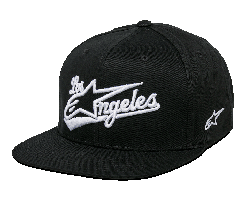 Czapka Alpinestars Los Angeles, czarno-biała czapka typu snapback z płaskim daszkiem, strukturalna korona z białym haftem 3D napisu Los Angeles w sportowej czcionce i logo Ageless, haftowane logo z boku, casualowe sportowe nakrycie głowy