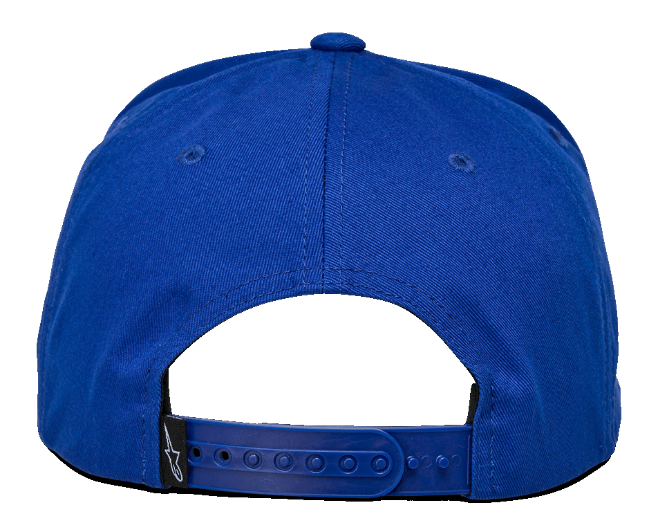 Czapka Alpinestars Los Angeles, widok z tyłu, niebieski bawełniany kepr, regulowane niebieskie zapięcie typu snapback, mała czarna metka z białym logo Ageless, codzienne sportowe nakrycie głowy