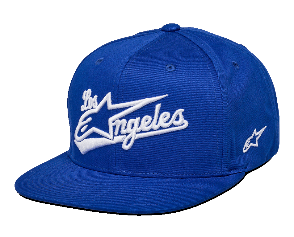 Czapka Alpinestars Los Angeles, niebieska czapka z daszkiem typu snapback, białe haftowane logo 3D Los Angeles w sportowym stylu, płaski daszek, usztywniana korona, codzienne nakrycie głowy inspirowane sportami motorowymi