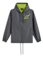 Alpinestars Speeder Chromium Windbreak Jacket, Charcoal Grey with Hi-Vis Yellow, lime green star logo on chest, mesh-lined hood, full-zip front with drawstring hem, casual motorsport-inspired windbreaker