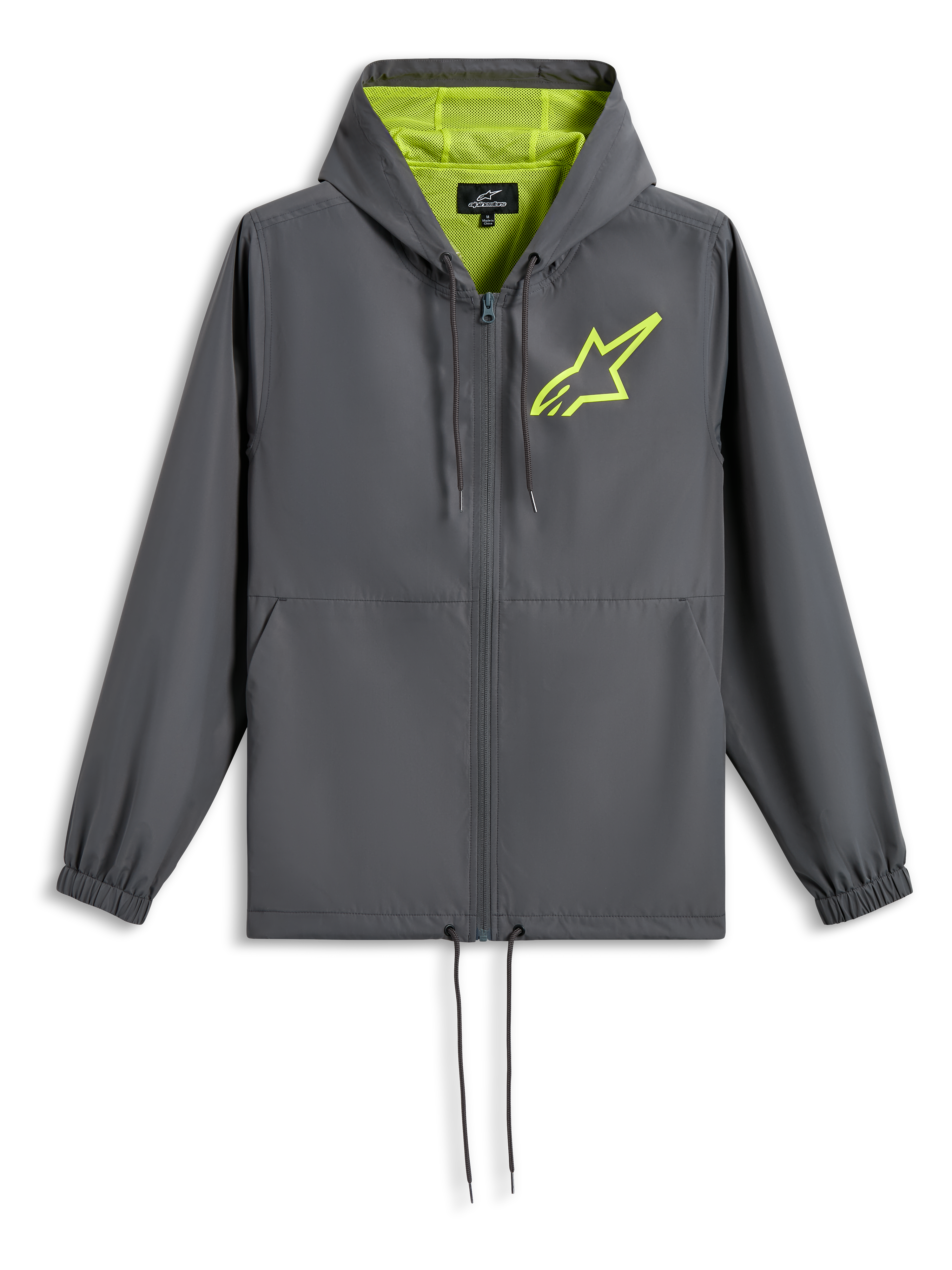 Alpinestars Speeder Chromium Windbreak Jacket, Charcoal Grey with Hi-Vis Yellow, lime green star logo on chest, mesh-lined hood, full-zip front with drawstring hem, casual motorsport-inspired windbreaker
