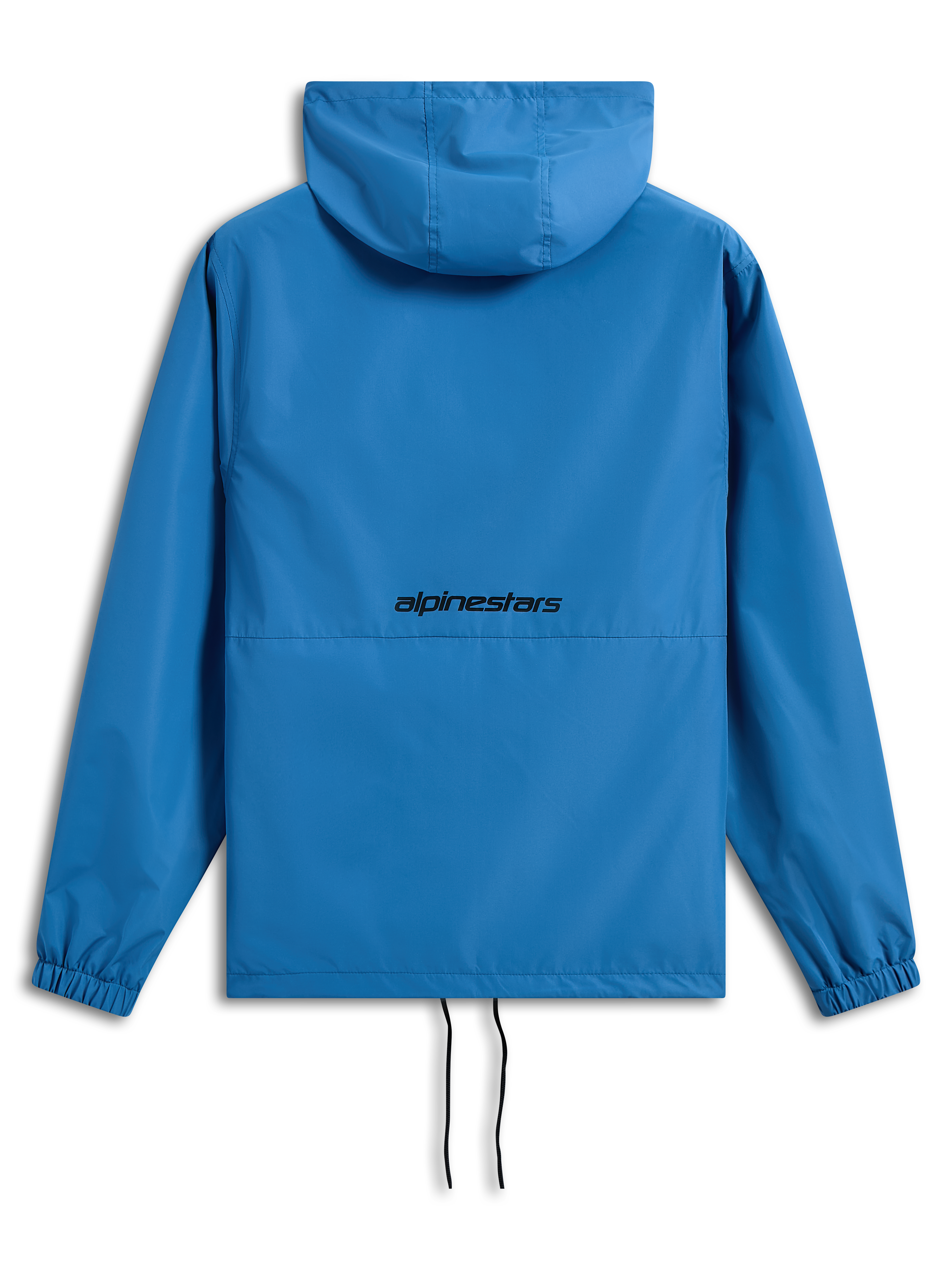 Alpinestars Speeder Chromium Windbreak Jacket, jasnoniebieska, widok z tyłu z czarnym logotypem Alpinestars, lekka wiatrówka z kapturem, elastyczne mankiety, regulowany dół ze ściągaczami, codzienna odzież wierzchnia inspirowana sportami motorowymi