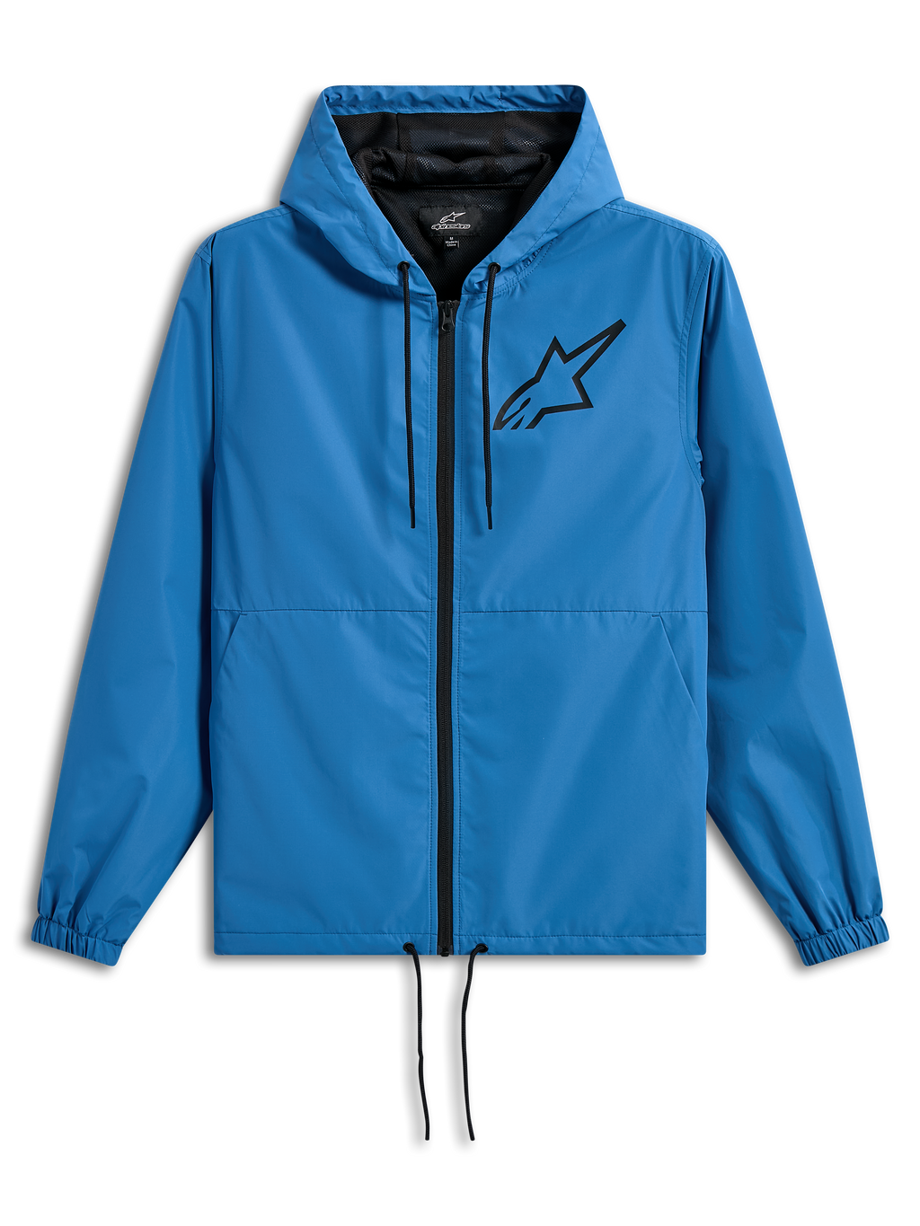 Alpinestars Speeder Chromium Windbreak Jacket, lekka wiatrówka z kapturem, niebieska z czarnymi akcentami, czarne logo Astars na piersi, podszewka z siateczki, zamek błyskawiczny z przodu, regulowane ściągacze przy kapturze i na dole