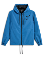 Alpinestars Speeder Chromium Windbreak Jacket, lekka wiatrówka z kapturem, niebieska z czarnymi akcentami, czarne logo Astars na piersi, podszewka z siateczki, zamek błyskawiczny z przodu, regulowane ściągacze przy kapturze i na dole