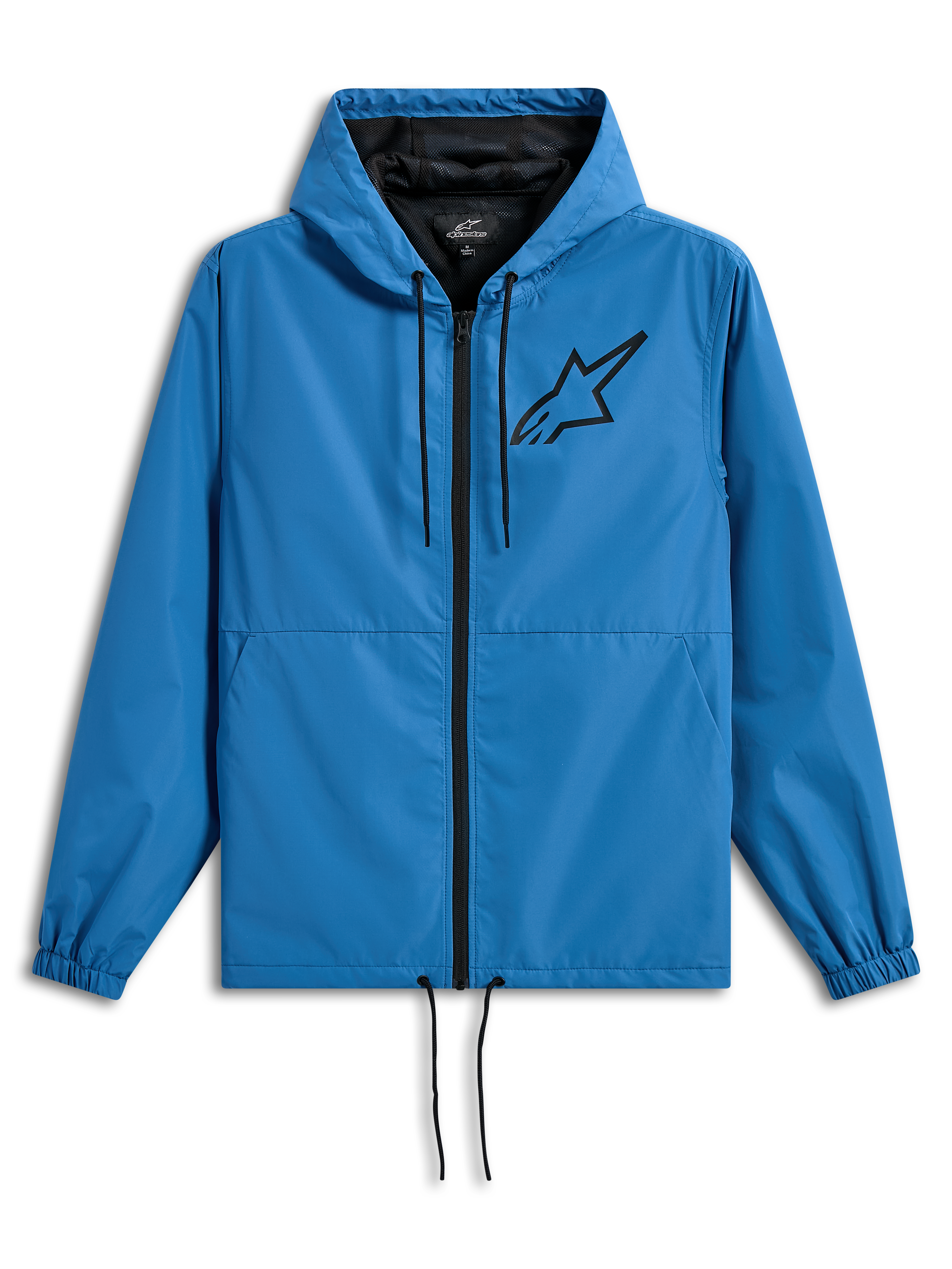 Alpinestars Speeder Chromium Windbreak Jacket, lekka wiatrówka z kapturem, niebieska z czarnymi akcentami, czarne logo Astars na piersi, podszewka z siateczki, zamek błyskawiczny z przodu, regulowane ściągacze przy kapturze i na dole