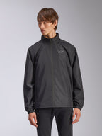 Alpinestars Overhaul Racer Jacket, Men's Black Rain Shell Jacket, featuring a high collar and full-length front zipper, small white logo on chest, elasticated cuffs, smooth water-resistant fabric, minimalist motorsport-inspired design