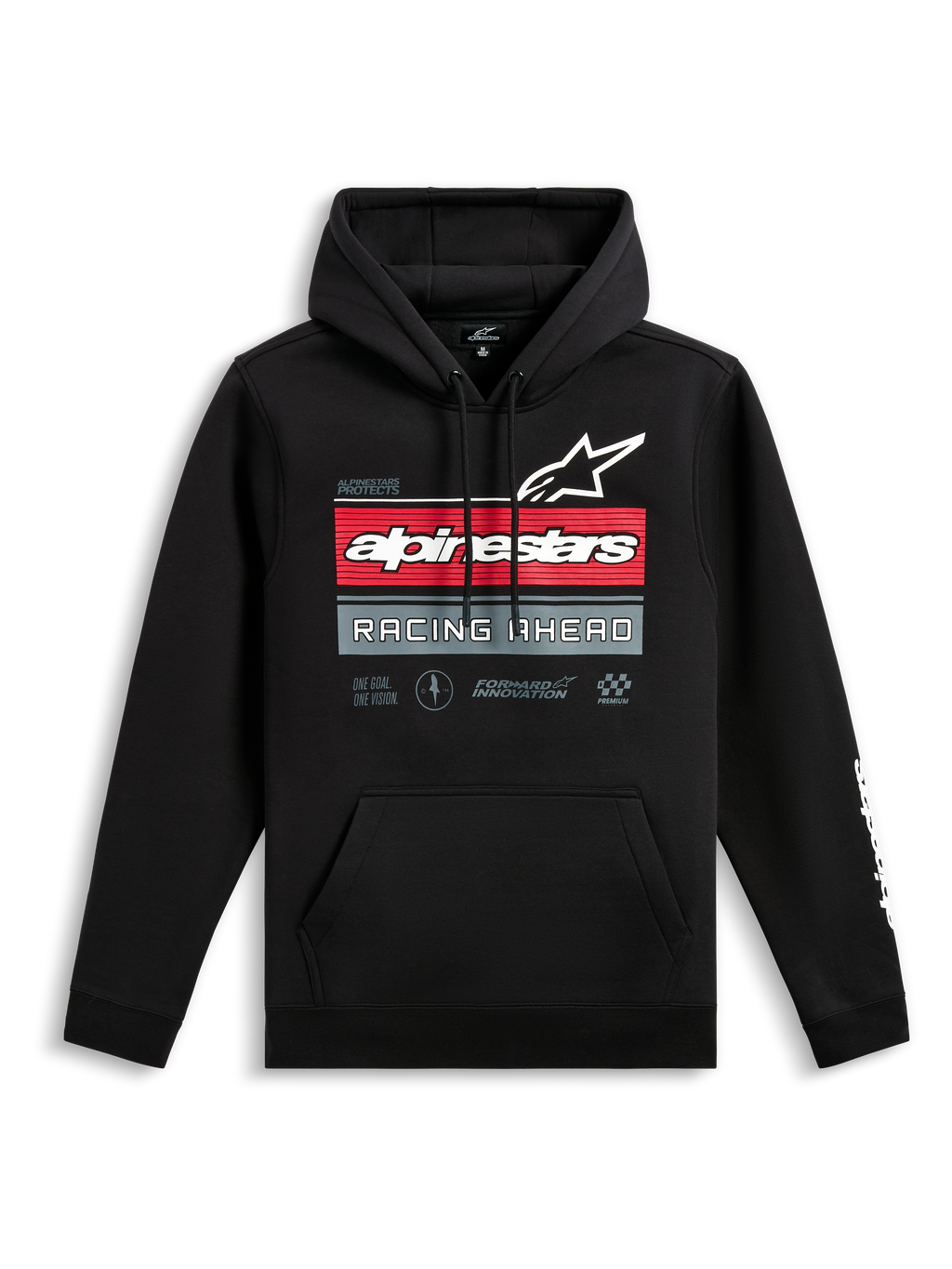 Alpinestars Harken Hoodie, czarna bluza z kapturem wkładana przez głowę, grafika z przodu z logo Alpinestars i napisem „Racing Ahead”, czerwone i szare poziome paski, kieszeń kangurka, białe logo słowne na rękawie, casualowa odzież inspirowana sportami motorowymi