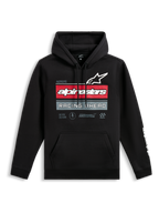 Alpinestars Harken Hoodie, czarna bluza z kapturem wkładana przez głowę, grafika z przodu z logo Alpinestars i napisem „Racing Ahead”, czerwone i szare poziome paski, kieszeń kangurka, białe logo słowne na rękawie, casualowa odzież inspirowana sportami motorowymi