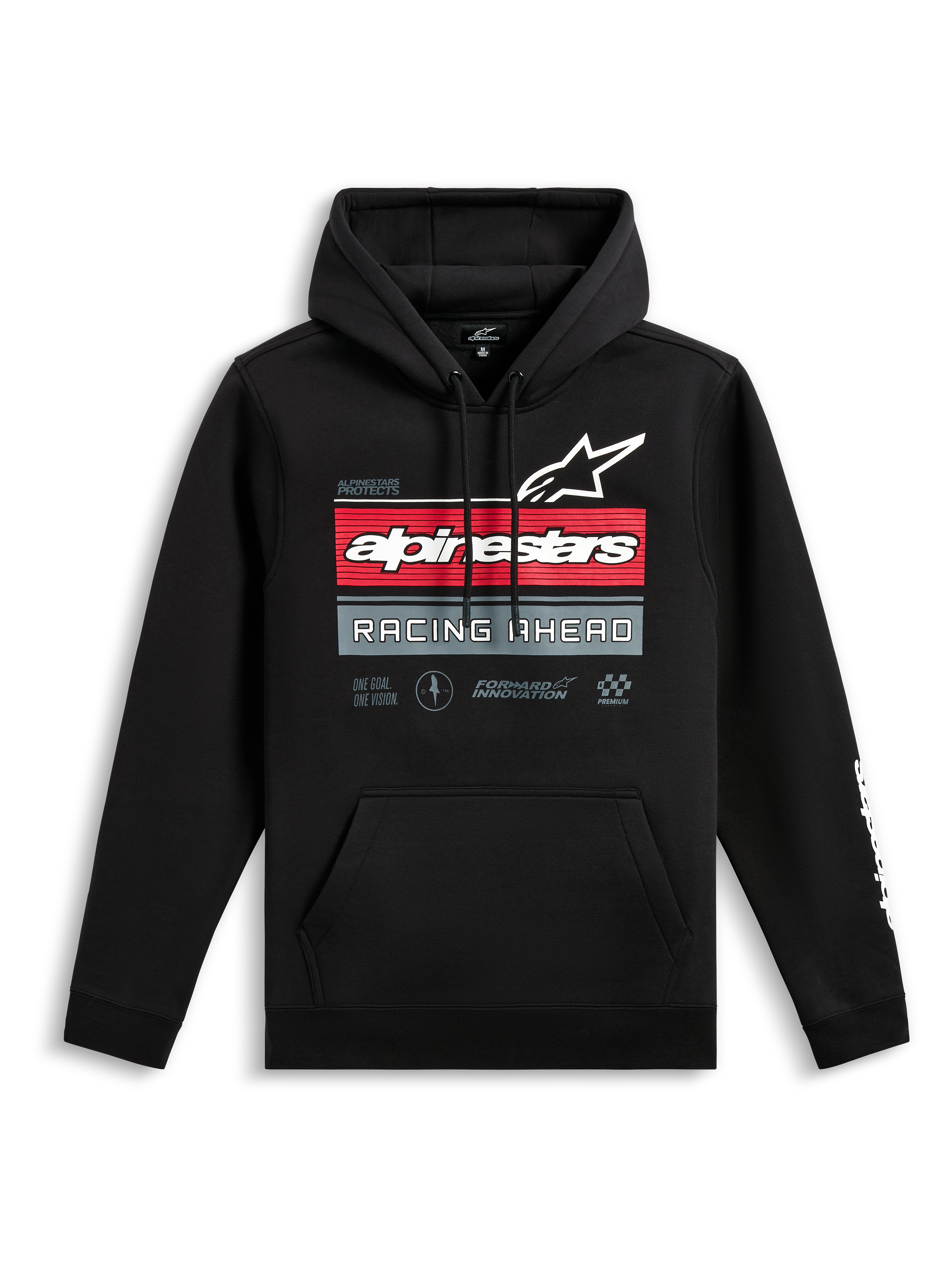 Alpinestars Harken Hoodie, czarna bluza z kapturem wkładana przez głowę, grafika z przodu z logo Alpinestars i napisem „Racing Ahead”, czerwone i szare poziome paski, kieszeń kangurka, białe logo słowne na rękawie, casualowa odzież inspirowana sportami motorowymi
