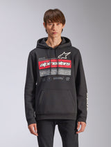 Alpinestars Harken Hoodie, Black Pullover Fleece Hoodie, featuring a red and grey gradation graphic with Alpinestars logo and 'Racing Ahead' text, kangaroo pocket, drawstring hood, and sleeve branding, casual motorsport-inspired design