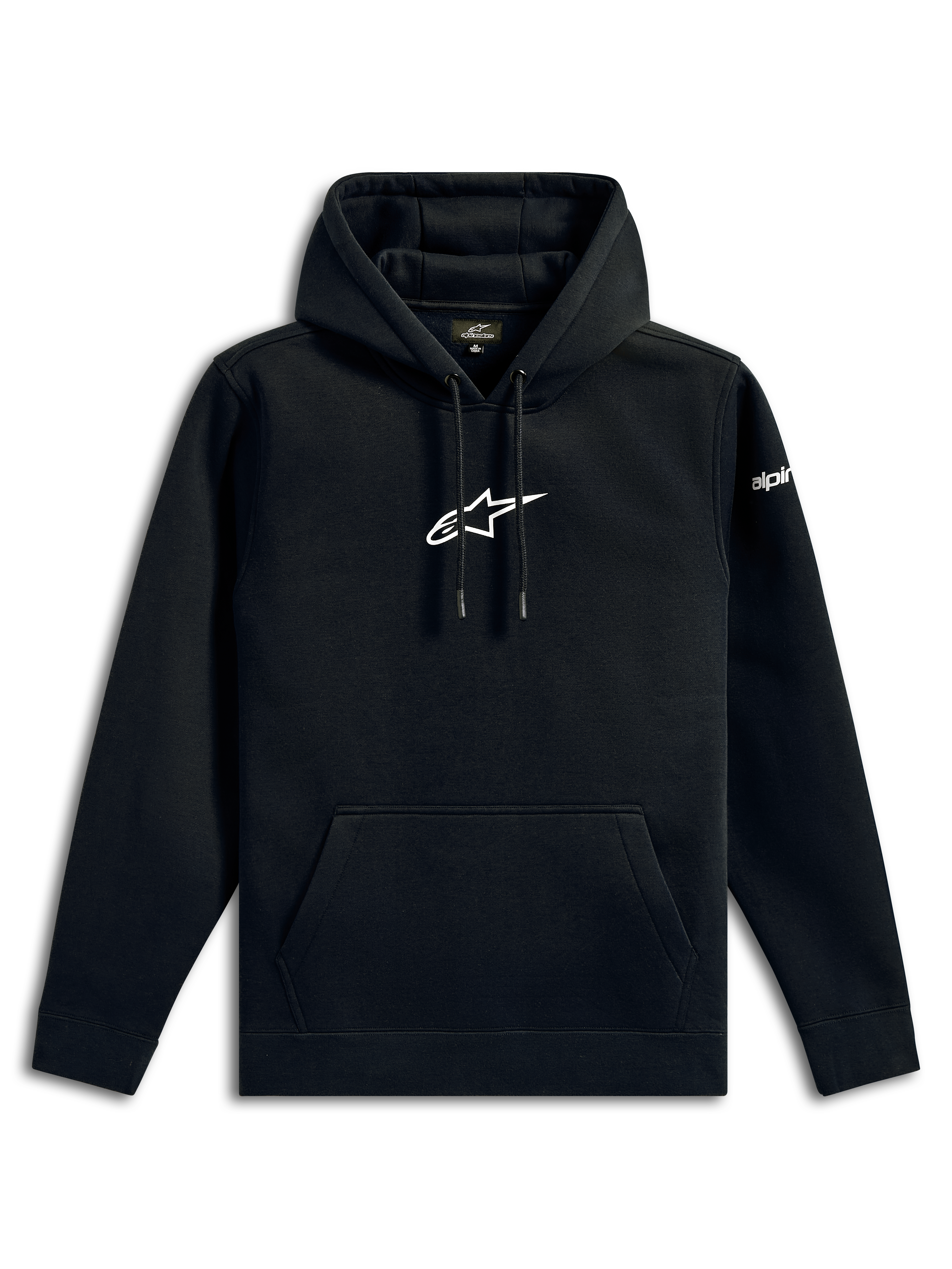 Alpinestars Frontal Hoodie, casual streetwear, black with white Alpinestars star logo on chest, kangaroo pocket, drawstring hood, long sleeves, motorsport-inspired design