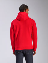 Alpinestars Frontal Hoodie, Pullover Fleece Hoodie, Red, back view showing drawstring hood and ribbed hem, small white wordmark on sleeve, casual motorsport-inspired streetwear