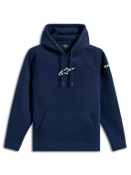Alpinestars Frontal Hoodie, casual streetwear, navy blue with white Astars logo on chest and wordmark on sleeve, drawstring hood, kangaroo pocket, modern motorsport-inspired design