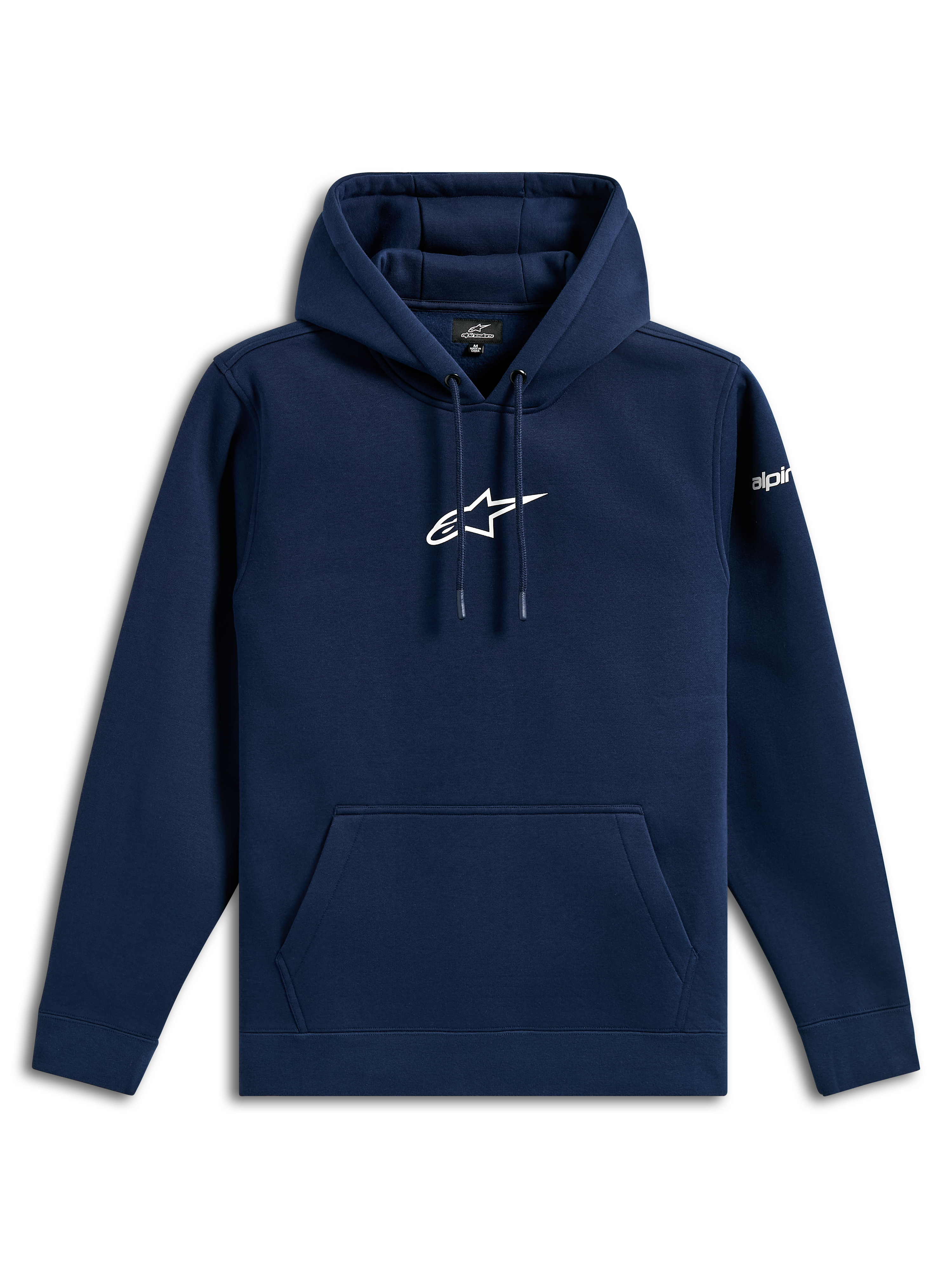 Alpinestars Frontal Hoodie, casual streetwear, navy blue with white Astars logo on chest and wordmark on sleeve, drawstring hood, kangaroo pocket, modern motorsport-inspired design