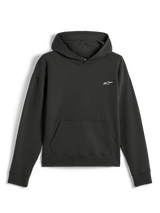 Alpinestars Essentials Ageless Hoodie, casual streetwear, Off Black with small white Astars logo, pullover with hood and front kangaroo pocket, premium stone-washed fleece finish