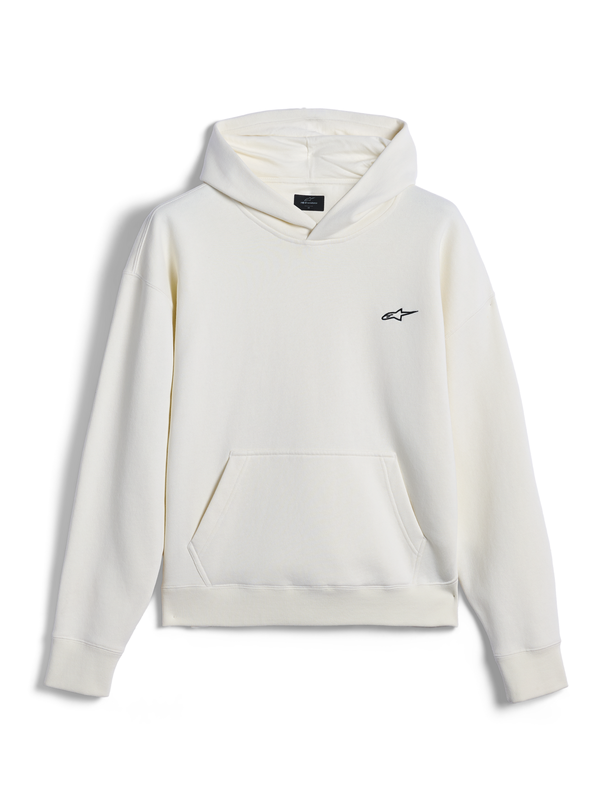 Alpinestars Essentials Ageless Hoodie, codzienna bluza z kapturem typu streetwear, kolor złamanej bieli z małym czarnym logo Astar na piersi, kieszeń typu kangurka, długie rękawy, minimalistyczny design inspirowany sportami motorowymi