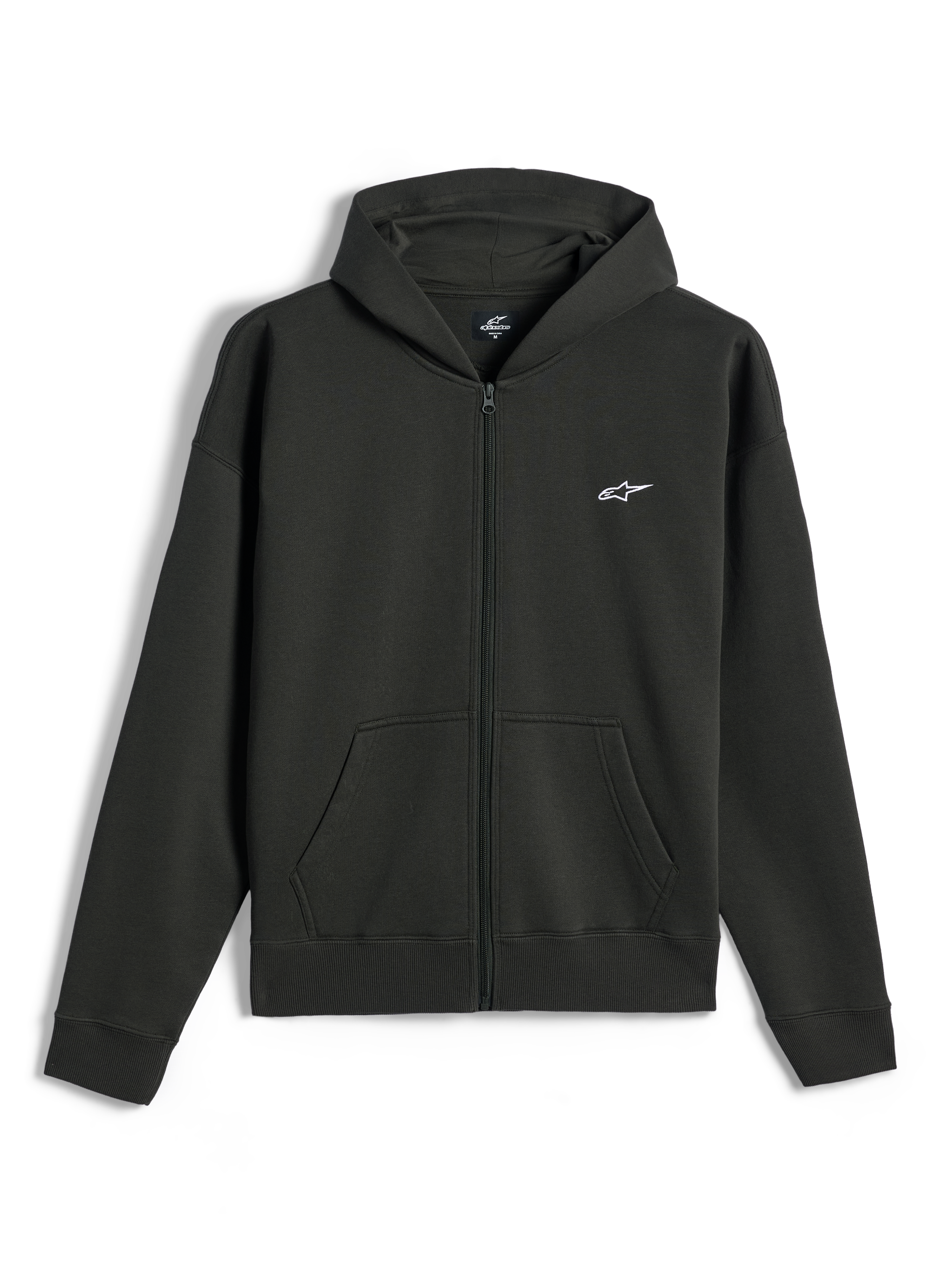 Alpinestars Essentials Ageless Zip Hoodie, full-zip fleece hoodie, Off Black, small white Alpinestars logo on the left chest, casual motorsport streetwear, featuring front pockets and ribbed cuffs