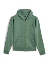 Alpinestars Essentials Ageless Zip Hoodie, bluza z kapturem typu streetwear, kolor Cactus Green z małym czarnym logo Alpinestars, zapinana na zamek, dzielone kieszenie typu kangurka, ściągacze przy mankietach i na dole, design inspirowany sportami motorowymi