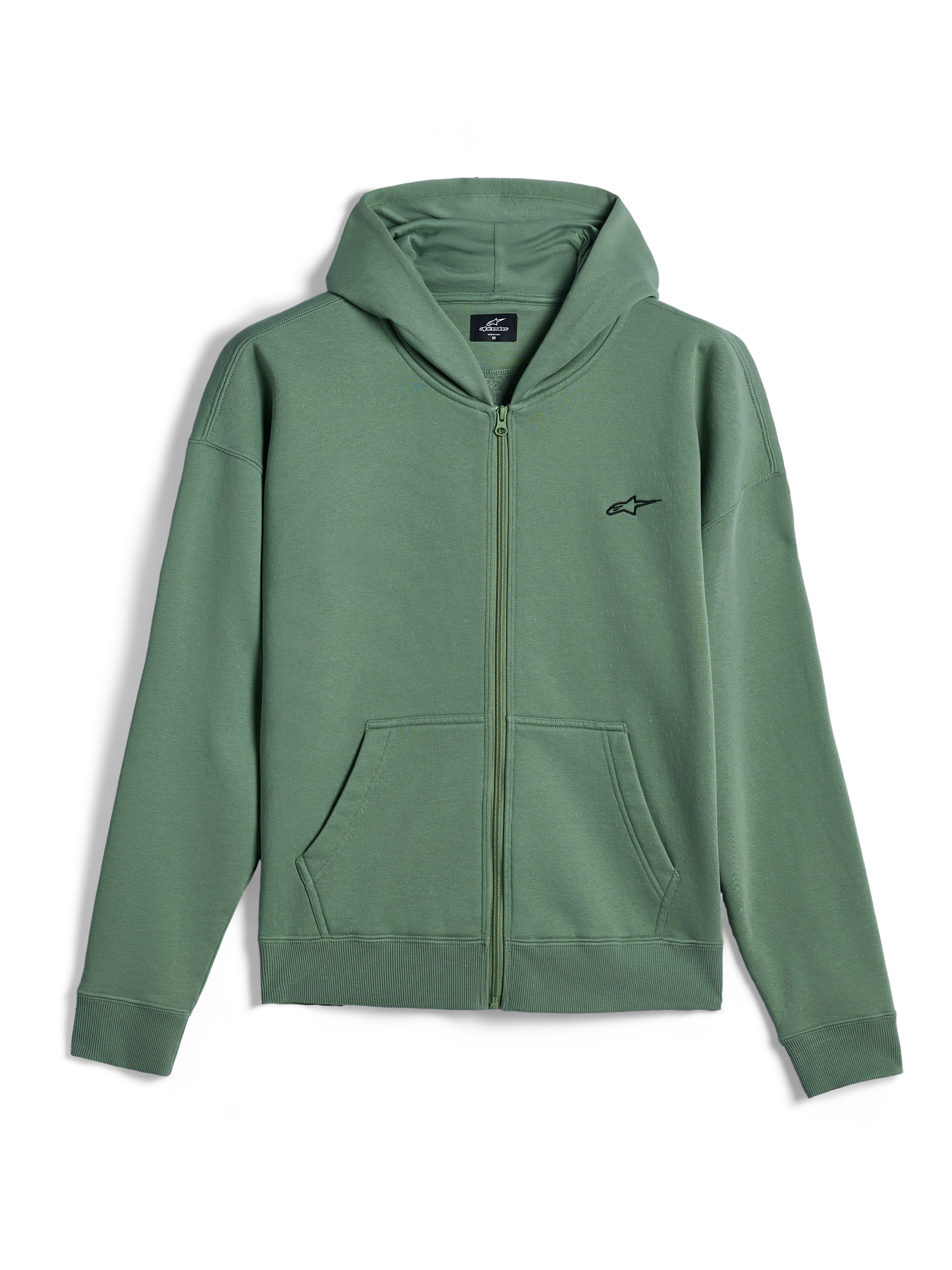 Alpinestars Essentials Ageless Zip Hoodie, bluza z kapturem typu streetwear, kolor Cactus Green z małym czarnym logo Alpinestars, zapinana na zamek, dzielone kieszenie typu kangurka, ściągacze przy mankietach i na dole, design inspirowany sportami motorowymi