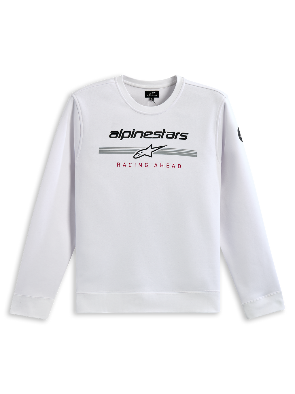 Bluza Alpinestars Bettern Crew, biała, z czarnym brandingiem Alpinestars, szarymi pasami wyścigowymi z białym logo gwiazdy i czerwonym nadrukiem „RACING AHEAD”, casualowa odzież uliczna inspirowana sportami motorowymi