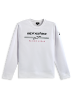 Bluza Alpinestars Bettern Crew, biała, z czarnym brandingiem Alpinestars, szarymi pasami wyścigowymi z białym logo gwiazdy i czerwonym nadrukiem „RACING AHEAD”, casualowa odzież uliczna inspirowana sportami motorowymi