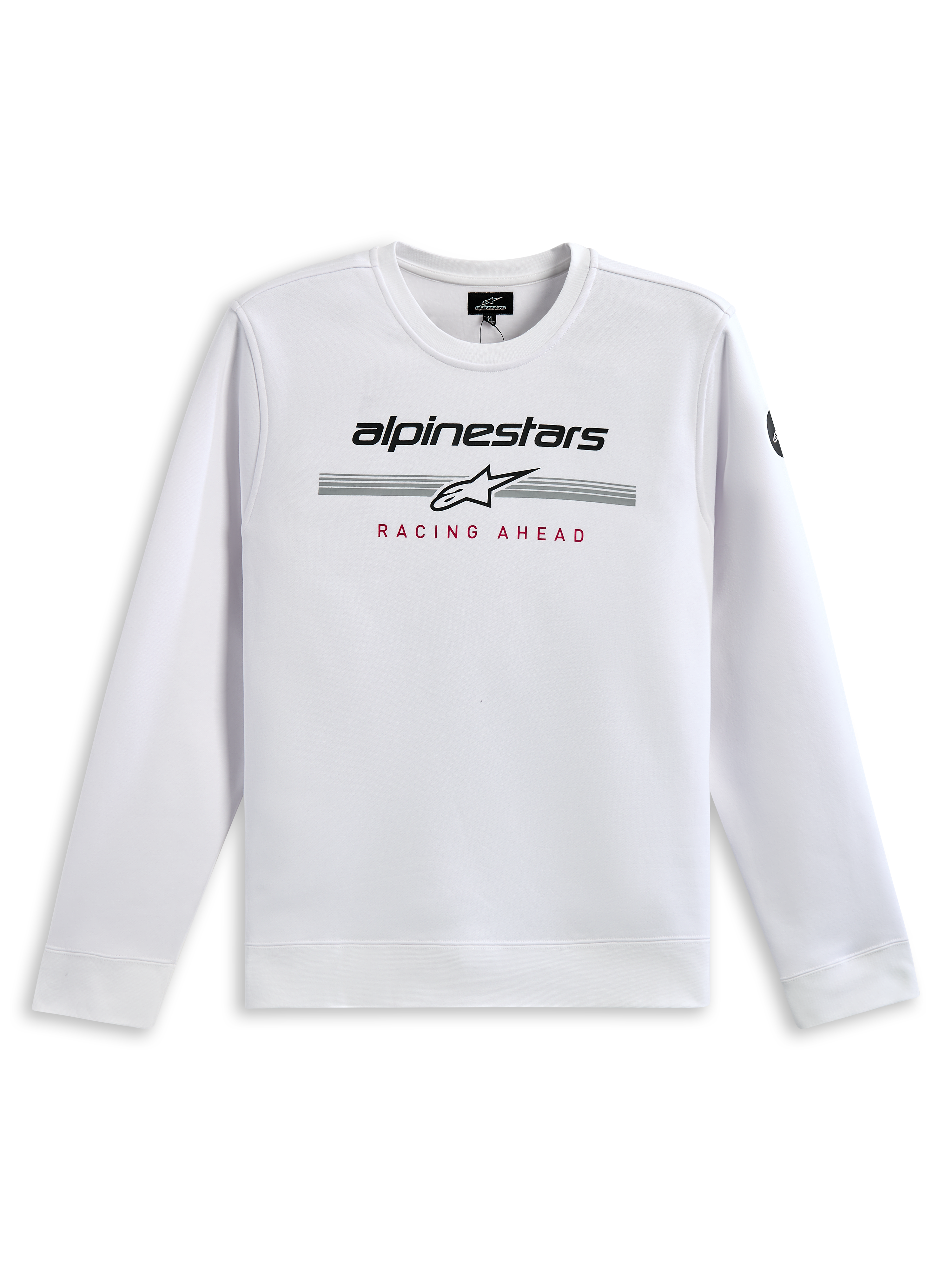 Bluza Alpinestars Bettern Crew, biała, z czarnym brandingiem Alpinestars, szarymi pasami wyścigowymi z białym logo gwiazdy i czerwonym nadrukiem „RACING AHEAD”, casualowa odzież uliczna inspirowana sportami motorowymi
