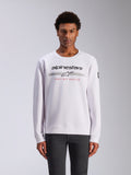 Alpinestars Bettern Crew, bluza typu crewneck, biała, z czarnym logo Alpinestars, szarymi poziomymi pasami i czerwonym napisem „RACING AHEAD”, codzienna odzież streetwearowa w stylu motorsportowym