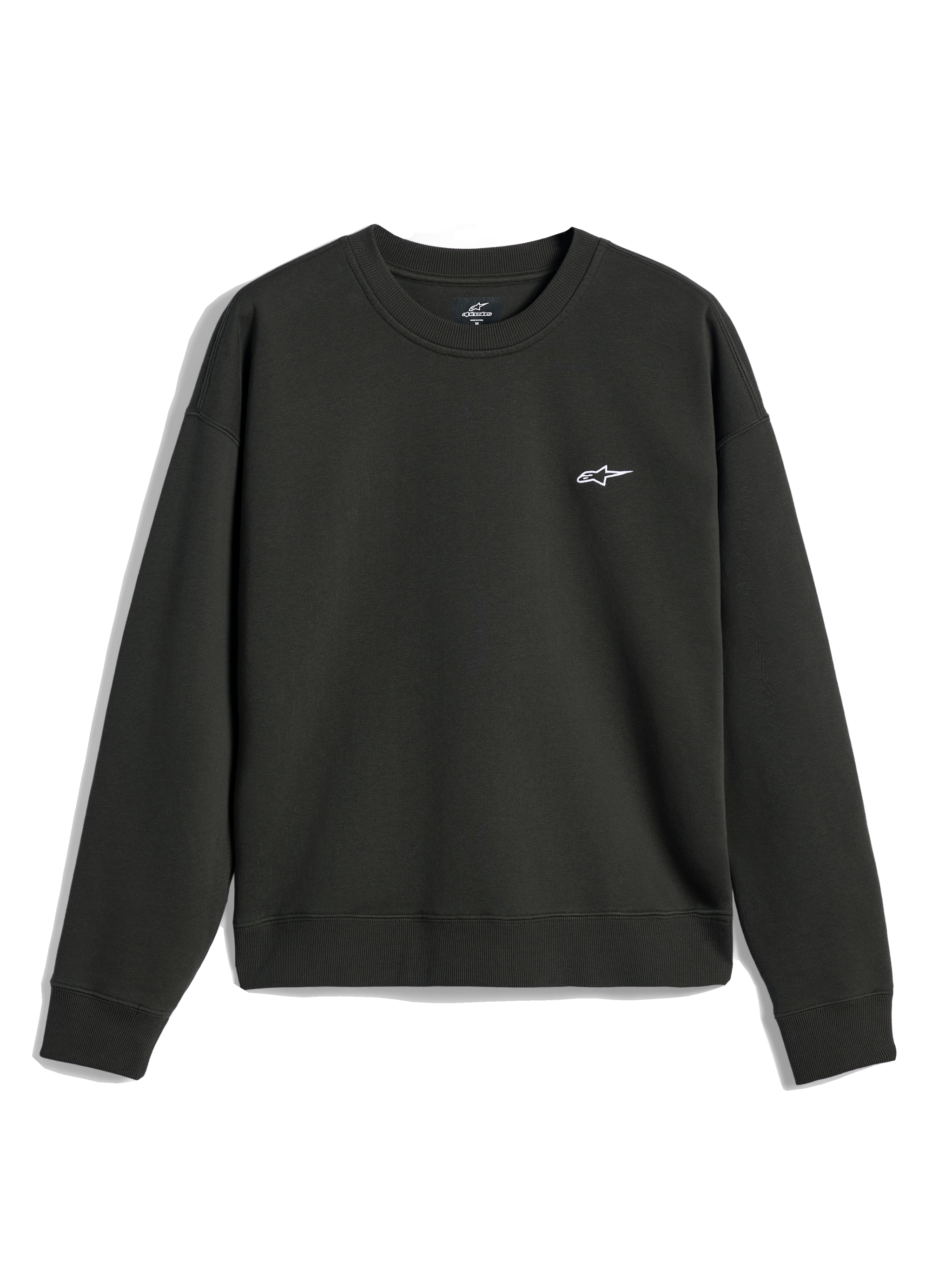 Alpinestars Essentials Ageless Crew, bluza z okrągłym dekoltem, kolor Off Black, małe białe logo A-star na piersi, prążkowany kołnierz, mankiety i dół, codzienna polarowa bluza streetwear premium