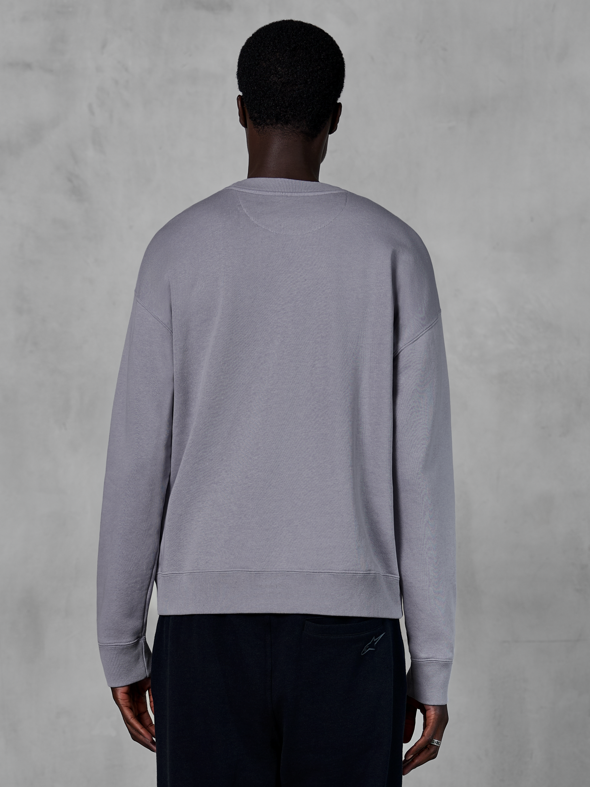 Alpinestars Essentials Ageless Crew, bluza typu crewneck, srebrna, widok z tyłu, kompaktowy polar premium, swobodny krój ze ściągaczami na dole i przy mankietach, casualowa odzież uliczna w stylu motorsport