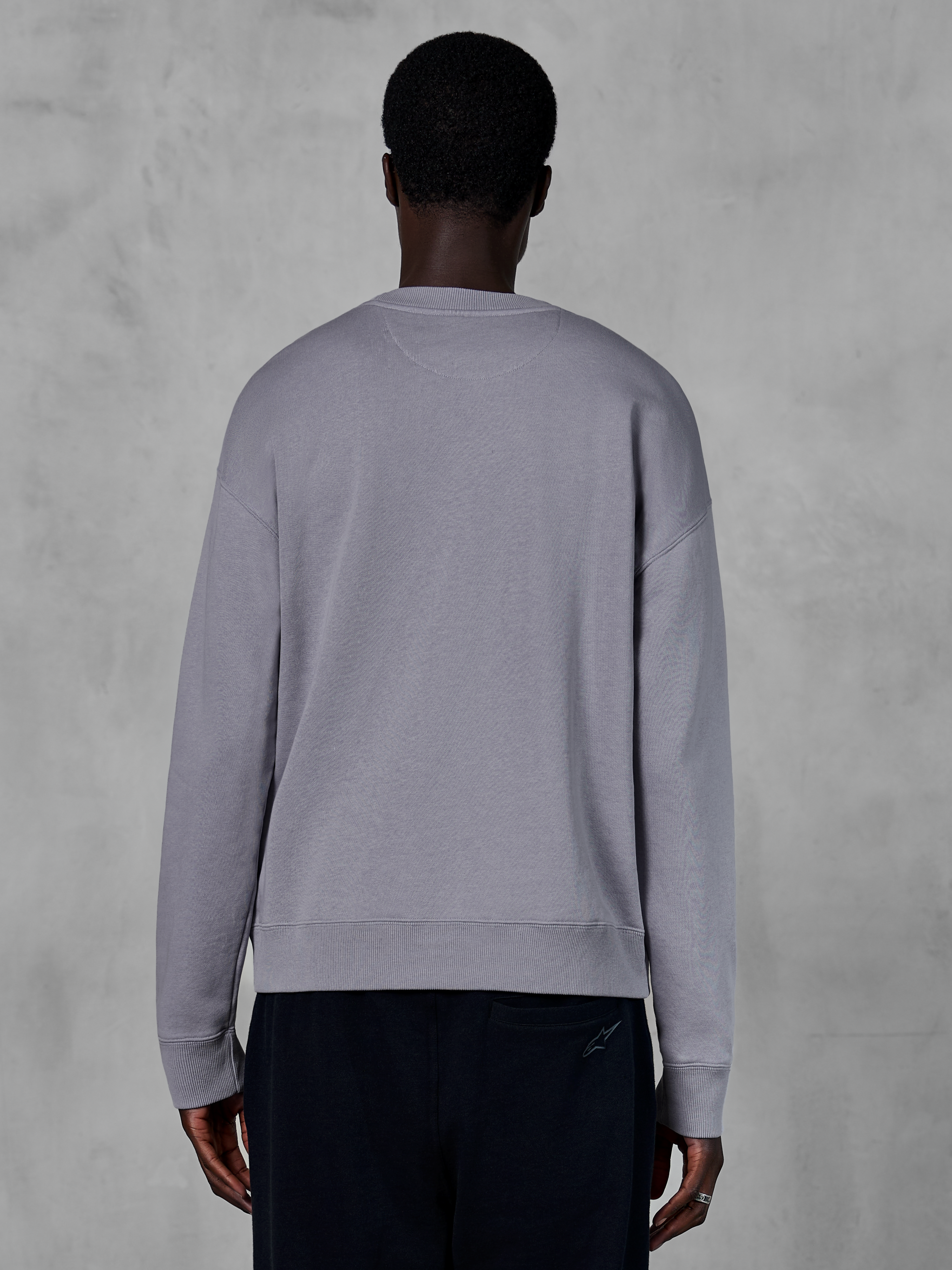 Alpinestars Essentials Ageless Crew, Crewneck Sweatshirt, Silver, back view, premium compact fleece, relaxed fit with ribbed hem and cuffs, casual motorsport streetwear