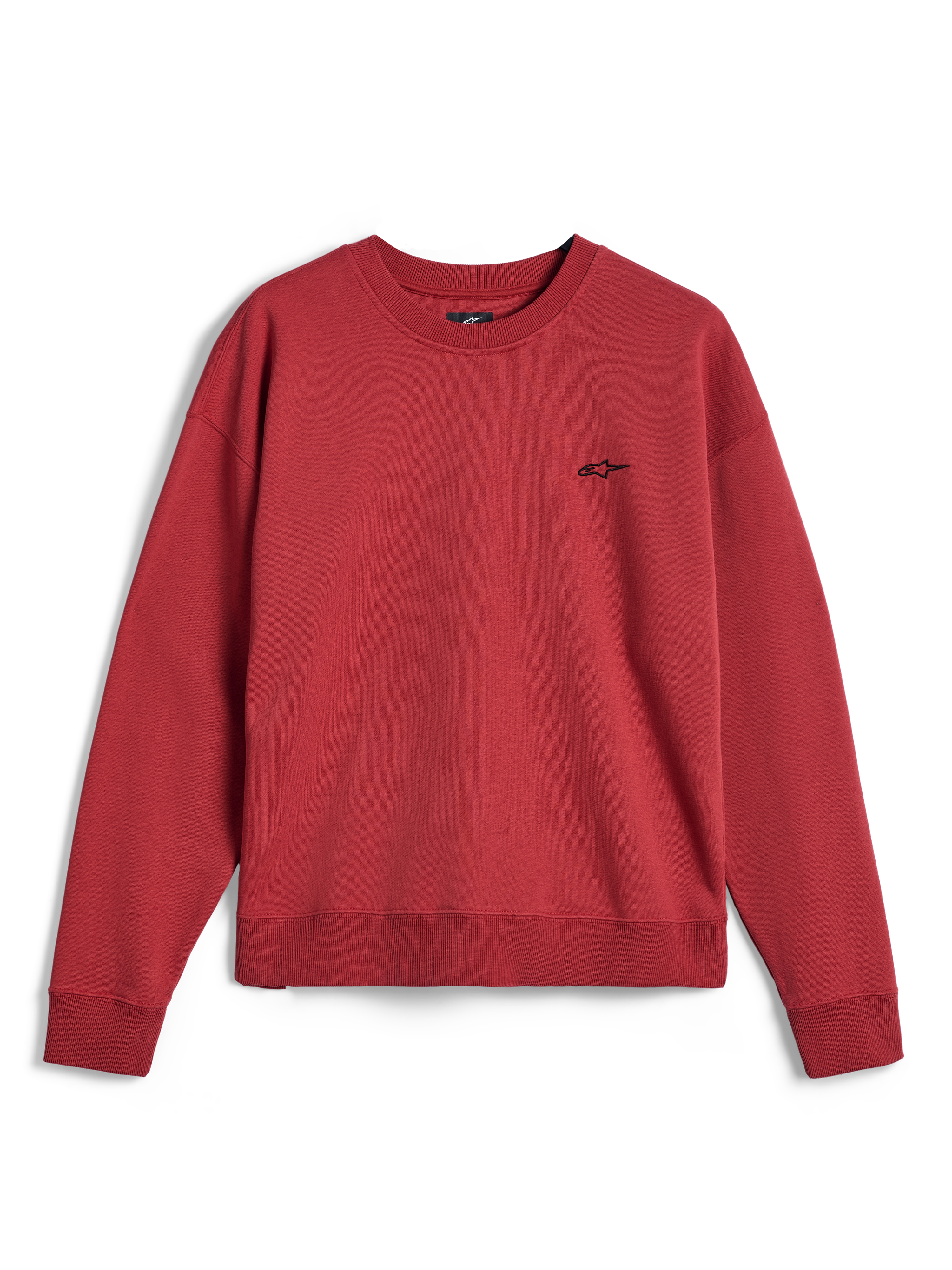 Alpinestars Essentials Ageless Crew, crewneck sweatshirt in Brick red, featuring a small black Alpinestars logo on the chest, ribbed collar, cuffs, and hem, casual premium sportswear fleece.