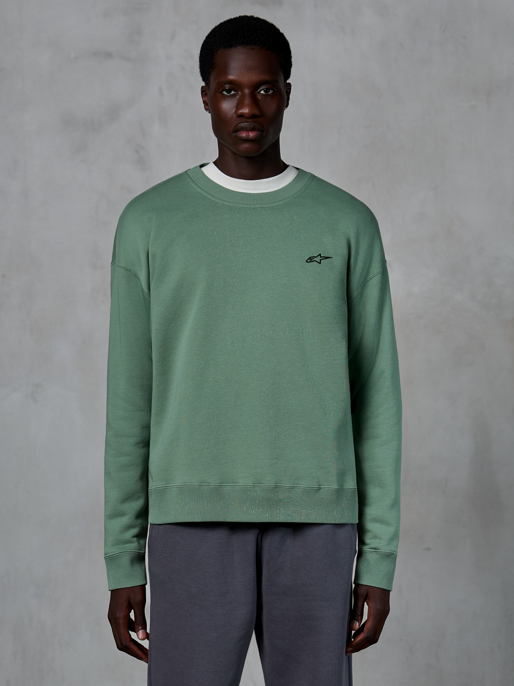 Alpinestars Essentials Ageless Crew, codzienna bluza z okrągłym dekoltem, kolor zielony kaktusowy z małym czarnym logo gwiazdy na piersi, prążkowany kołnierzyk, mankiety i dół, wysokiej jakości sportowy polar