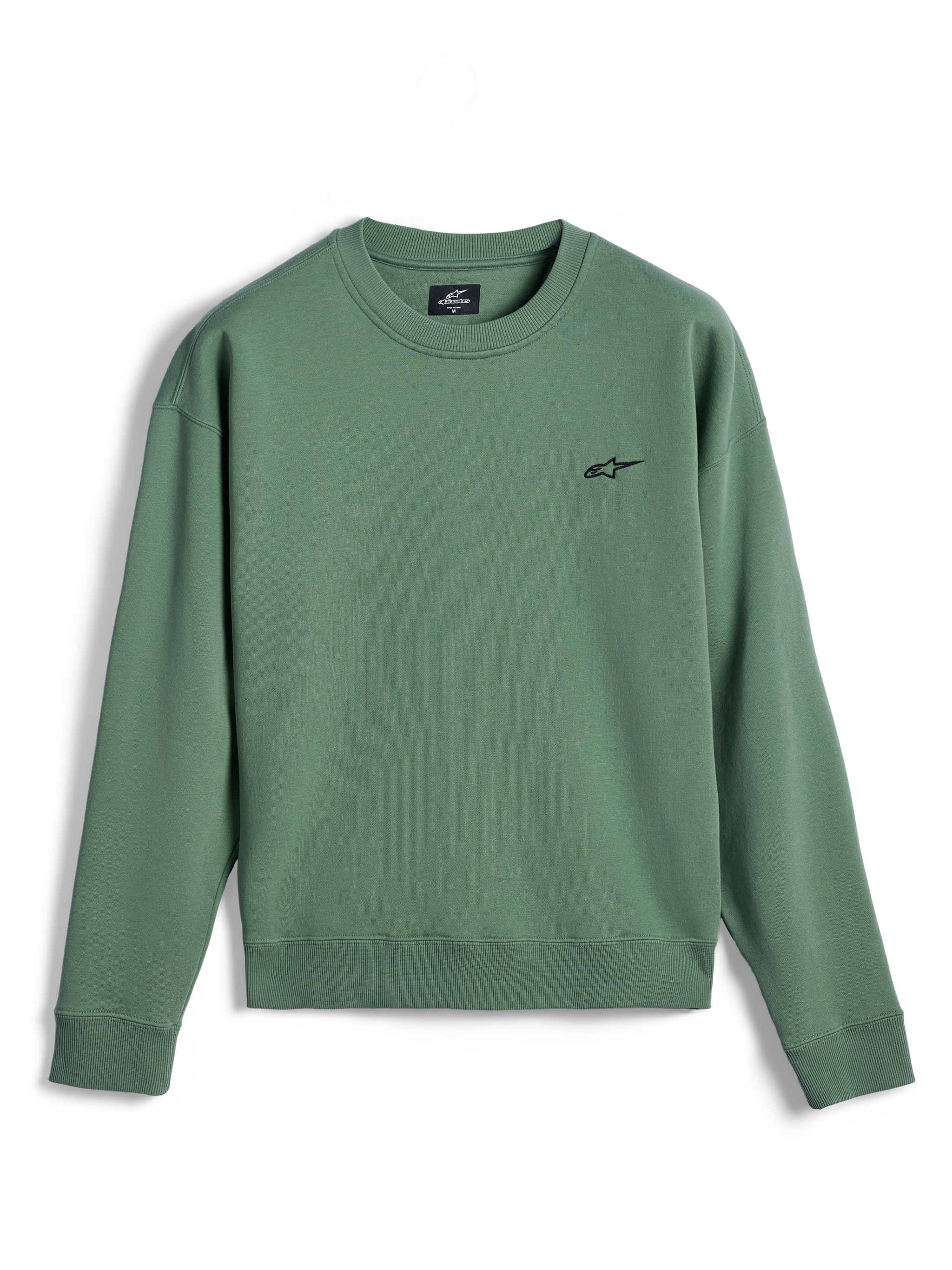Alpinestars Essentials Ageless Crew, bluza z okrągłym dekoltem, kolor Cactus Green, małe czarne logo Astar na piersi, prążkowany kołnierz, mankiety i dół, wysokiej jakości polar, codzienna odzież sportowa