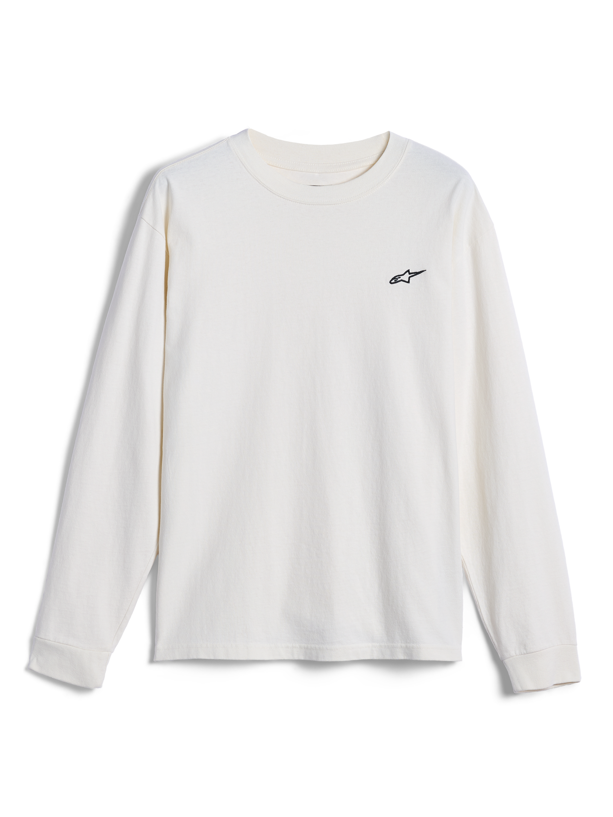 Alpinestars Essentials Ageless LS Tee, koszulka z długim rękawem, kolor złamana biel, z małym czarnym logo Alpinestars na piersi, codzienna odzież streetwear inspirowana sportami motorowymi
