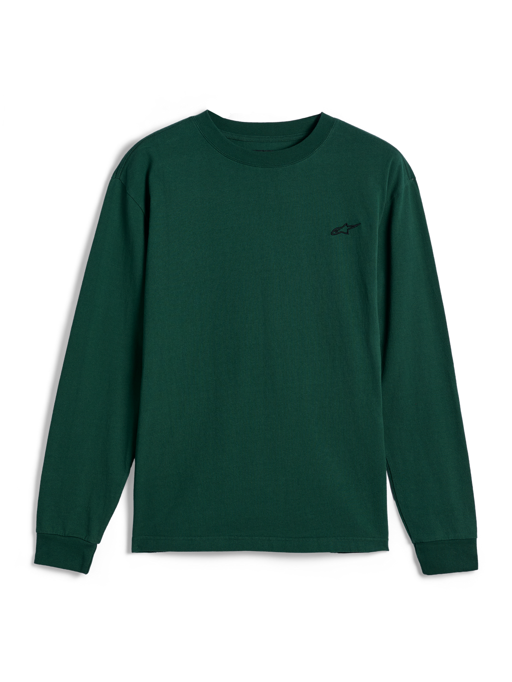 Alpinestars Essentials Ageless LS Tee, koszulka z długim rękawem, kolor sosnowej zieleni, małe czarne haftowane logo na lewej piersi, codzienna odzież streetwearowa w stylu motorsport