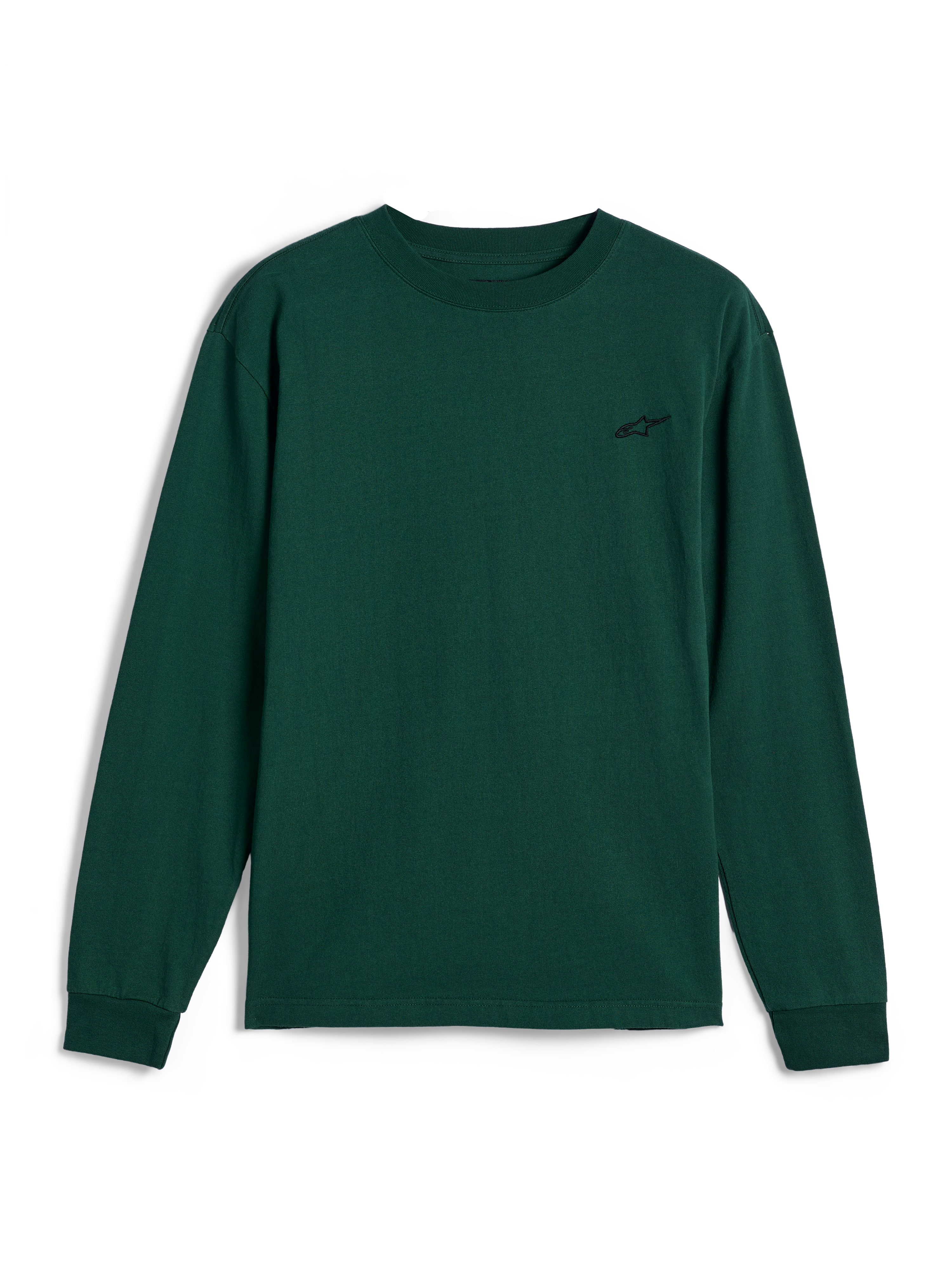 Alpinestars Essentials Ageless LS Tee, koszulka z długim rękawem, kolor sosnowej zieleni, małe czarne haftowane logo na lewej piersi, codzienna odzież streetwearowa w stylu motorsport