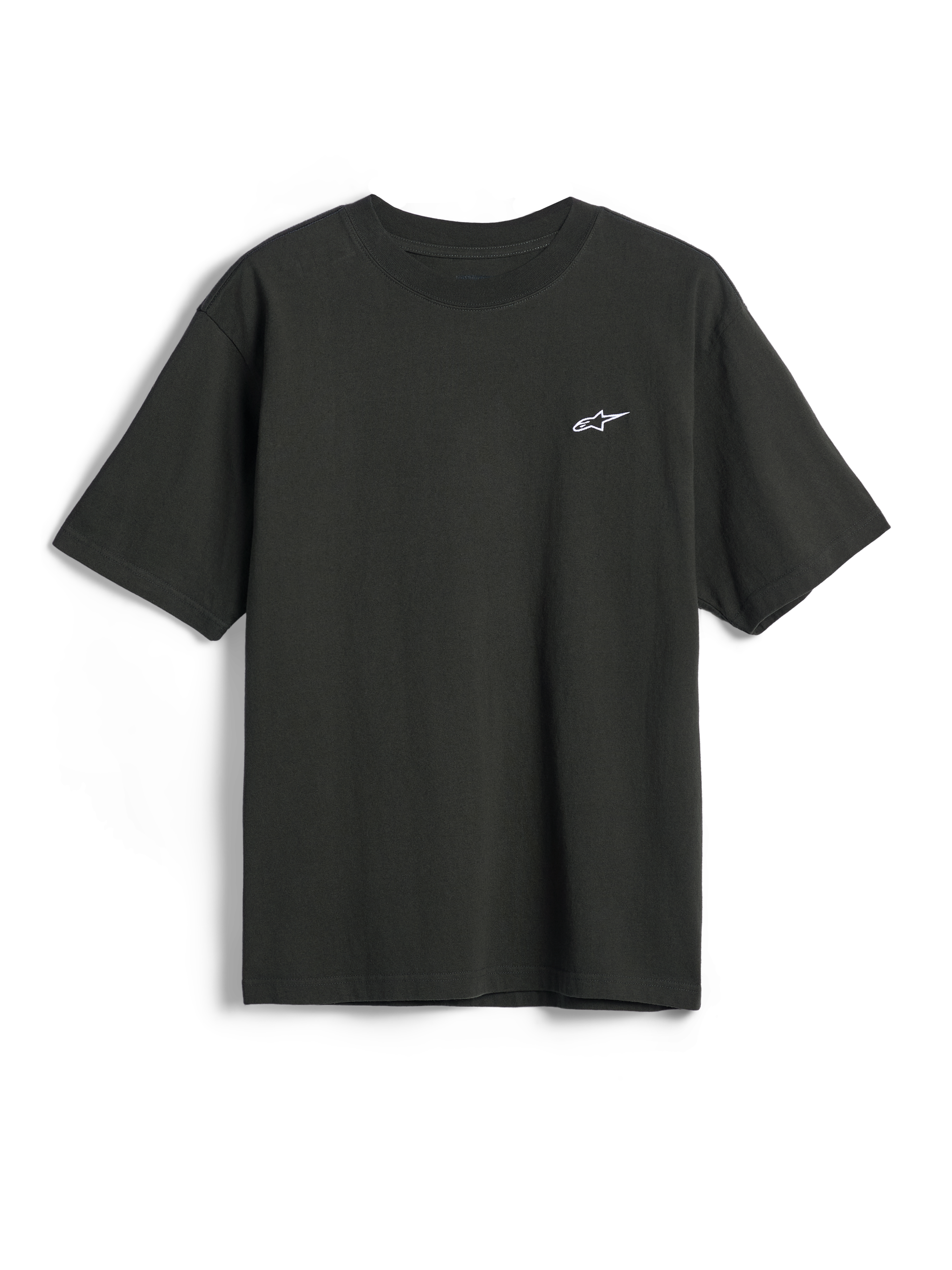 Alpinestars Essentials Ageless SS Tee, Short Sleeve T-Shirt, Off Black, Small white Alpinestars star logo on the chest, Casual Motorsport Streetwear