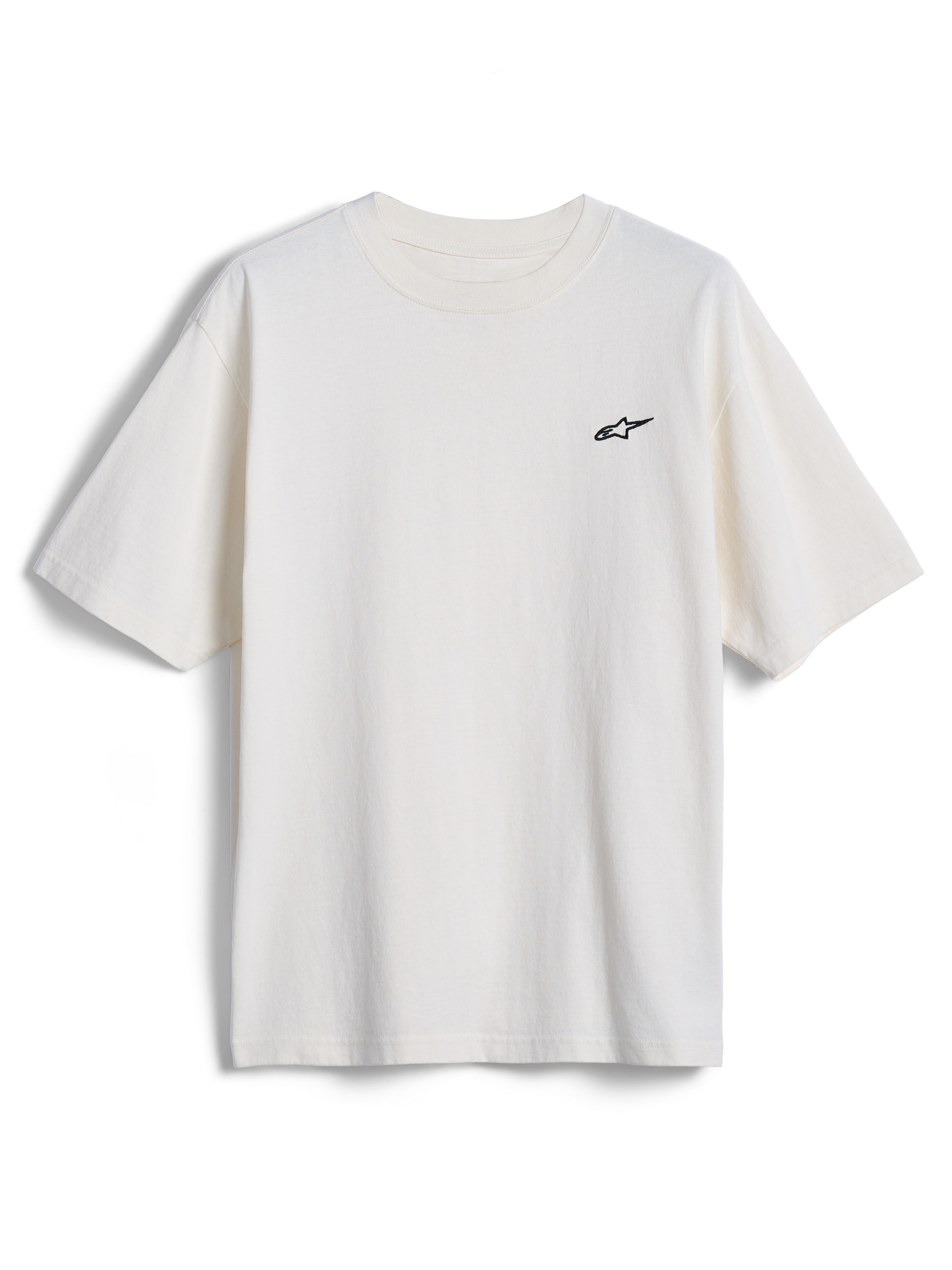 Alpinestars Essentials Ageless SS Tee, koszulka z krótkim rękawem, złamana biel, małe czarne logo gwiazdy Alpinestars na piersi, casualowy streetwear inspirowany motorsportem