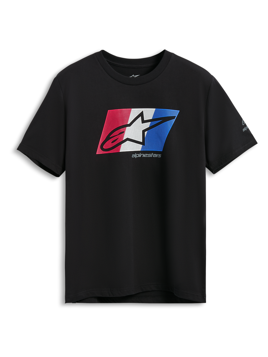 Alpinestars Global CSF Tee, koszulka z krótkim rękawem, czarna, grafika z logo Ageless Shadow w kolorach czerwonym, białym i niebieskim, codzienna odzież sportowa motorsport