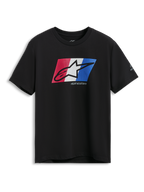 Alpinestars Global CSF Tee, koszulka z krótkim rękawem, czarna, grafika z logo Ageless Shadow w kolorach czerwonym, białym i niebieskim, codzienna odzież sportowa motorsport