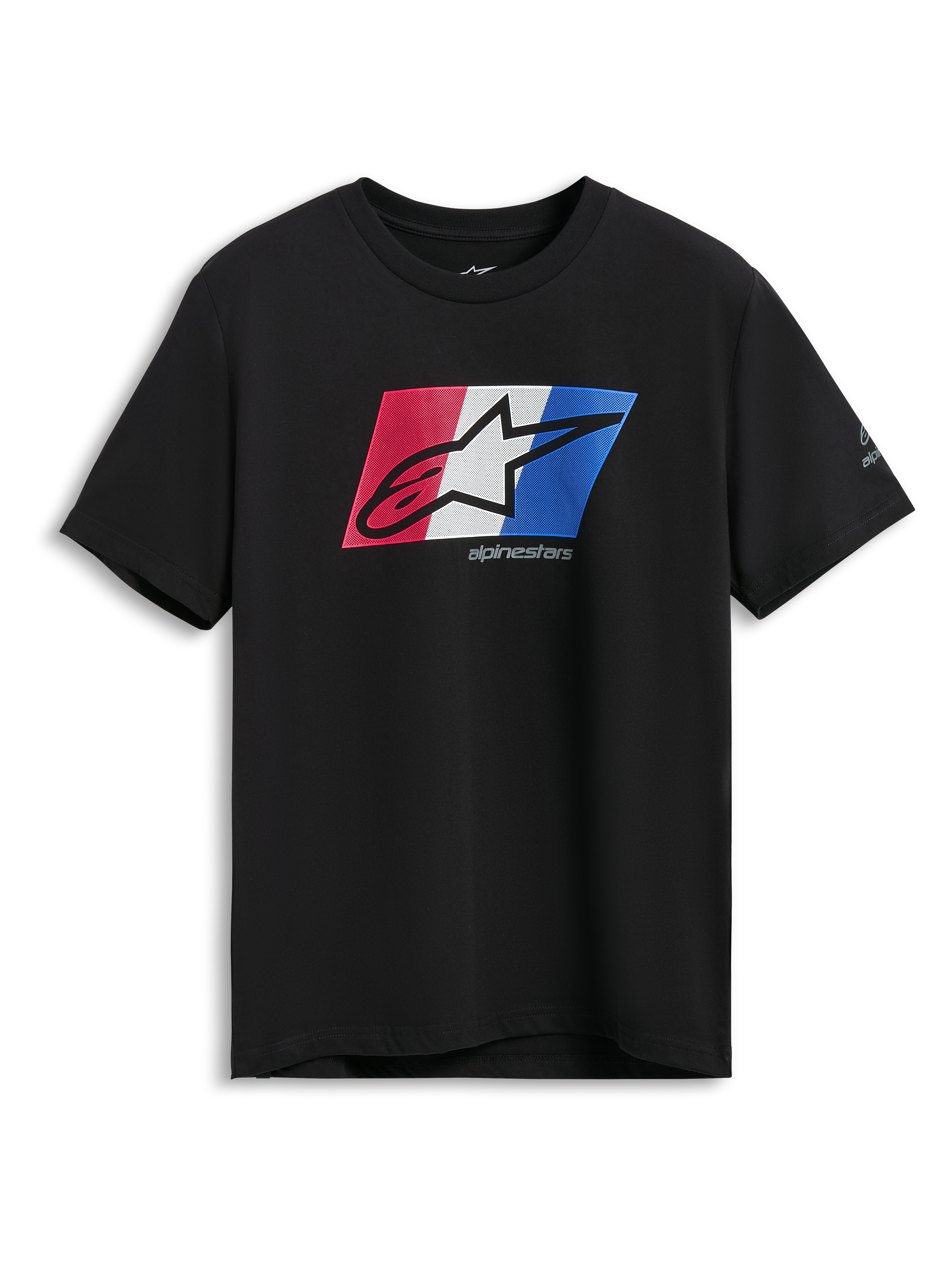 Alpinestars Global CSF Tee, koszulka z krótkim rękawem, czarna, grafika z logo Ageless Shadow w kolorach czerwonym, białym i niebieskim, codzienna odzież sportowa motorsport