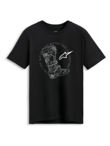 Alpinestars Tech Boot CSF Tee, koszulka z krótkim rękawem, czarna, biała ilustracja buta motocrossowego z okrągłym logotypem Alpinestars i logo gwiazdy, codzienna odzież motorsportowa typu streetwear